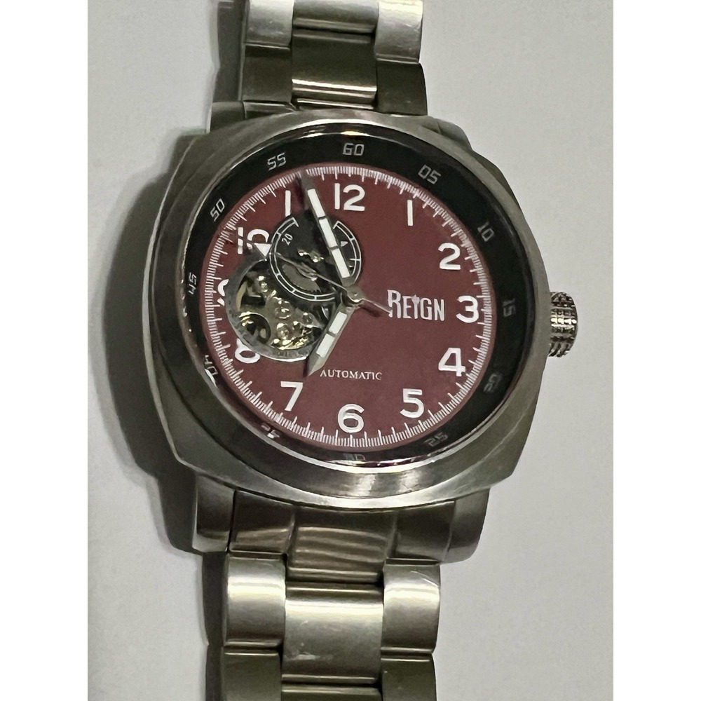 Reign Automatic Skeleton Watch Burgundy Dial Stainless Steel 44mm Size 7.75in